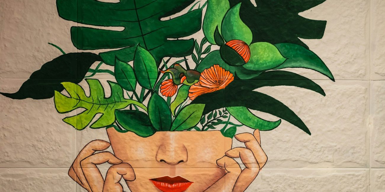 green and red flower painting